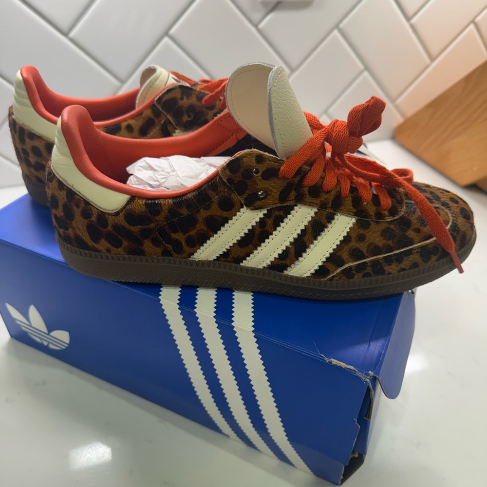 adidas Leopard Print Sneakers with Orange Laces
